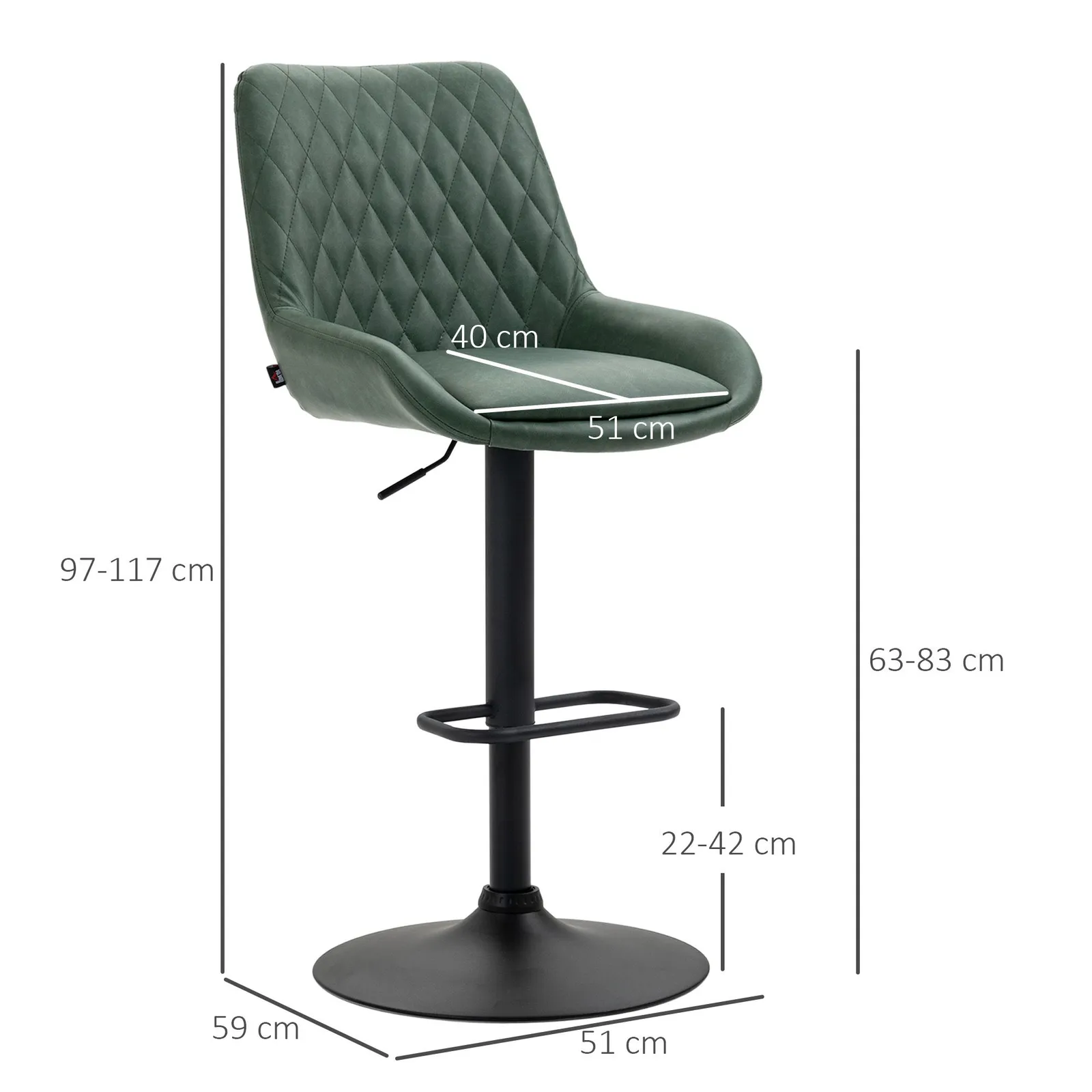 HOMCOM PU Leather Padded Bar Stools Set of 2 with Metal Base in Green 3