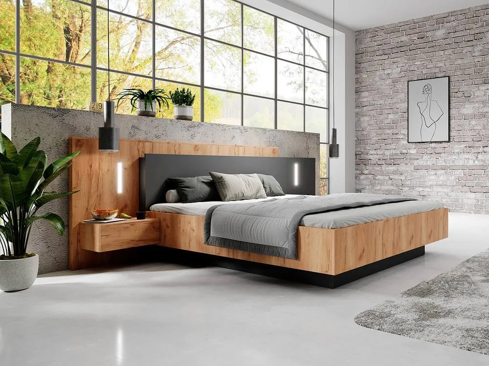Vente-unique Ottoman Bed With Bedside Tables 160 X 200 Cm - 2 Drawers - With LED in Grey 5