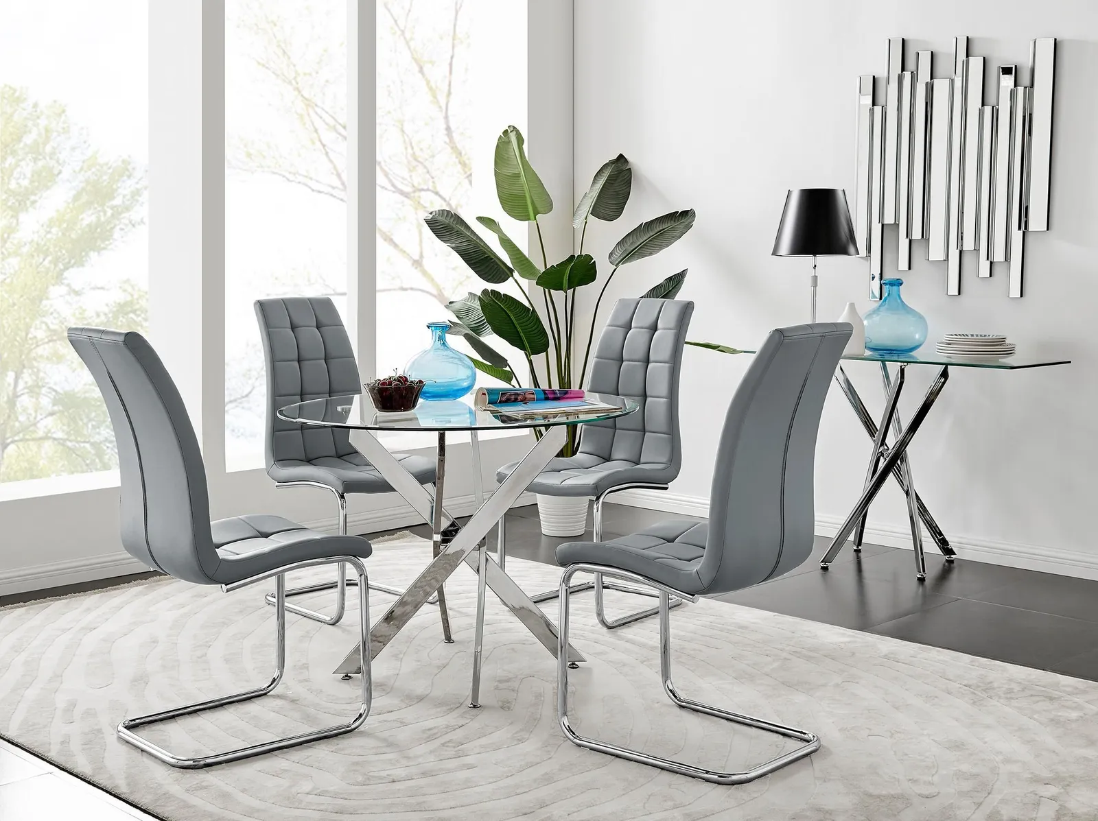 FurnitureboxUK Novara Chrome Metal 100cm Round Glass Dining Table & 4 Murano Dining Chairs in Grey 1