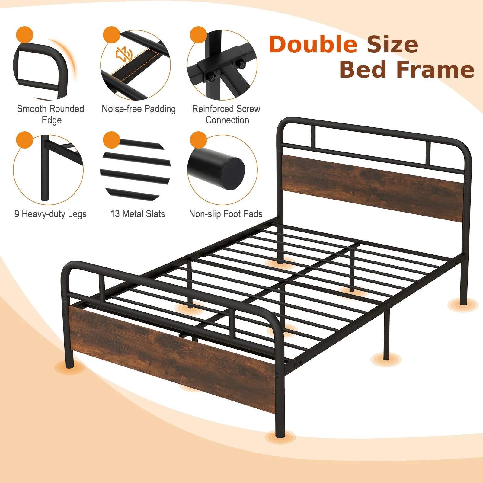 Costway Double Size Bed Frame Platform Metal Slats Support Bed W/ Industrial Headboard in Black 2