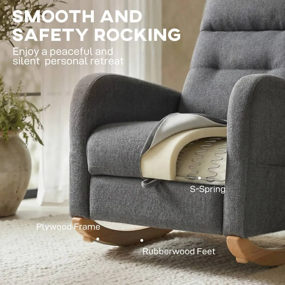HOMCOM Upholstered Rocking Chair with Retractable Footrest Grey 6