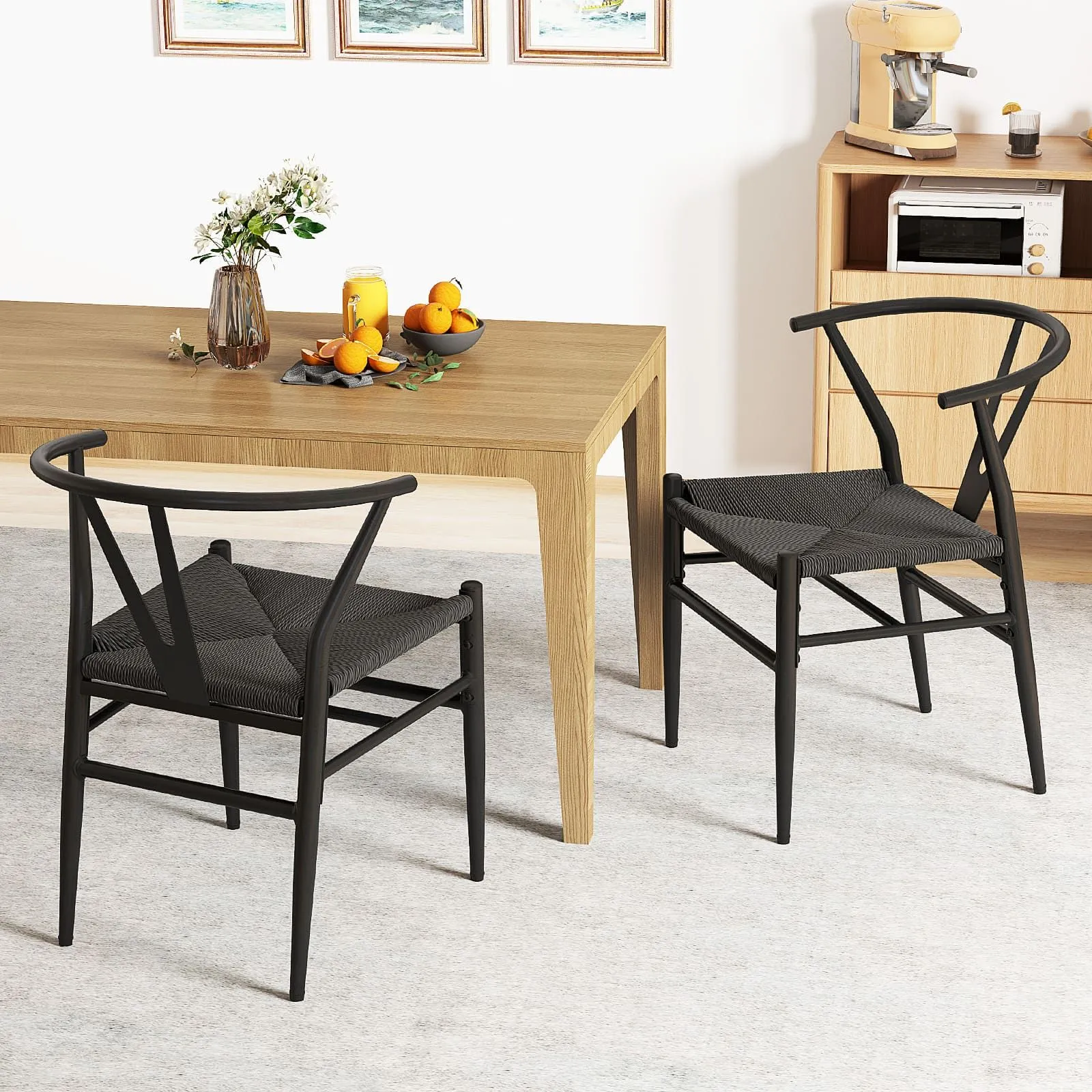 Costway Wishbone Dining Chair Set of 2 Modern Weave Armchairs in Black 5