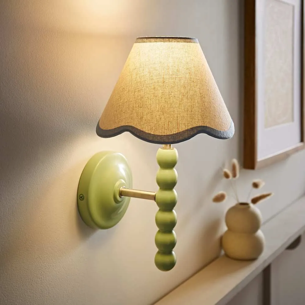 ValueLights Bobbins Sage Green Wall Light with Linen Trim Lamp Shade & LED Bulb in Pale Blue 2