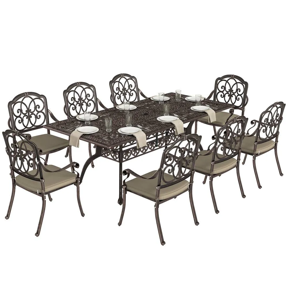 OUTSUNNY 9 Piece Cast Aluminium Garden Dining Set with Cushions, Bronze Tone 2