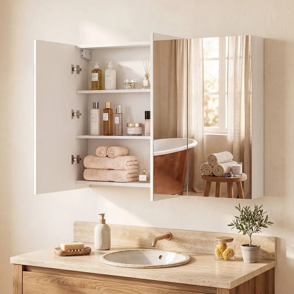 Costway Bathroom Mirror Cabinet with 3 Doors Wall Mounted in White 3