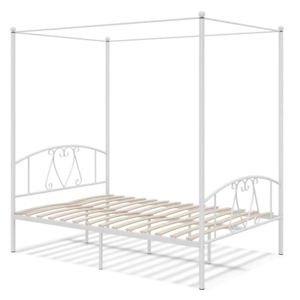 Costway Double Size Metal Canopy Bed Frame 4-Poster Modern Platform Wooden Slat Support in White 3