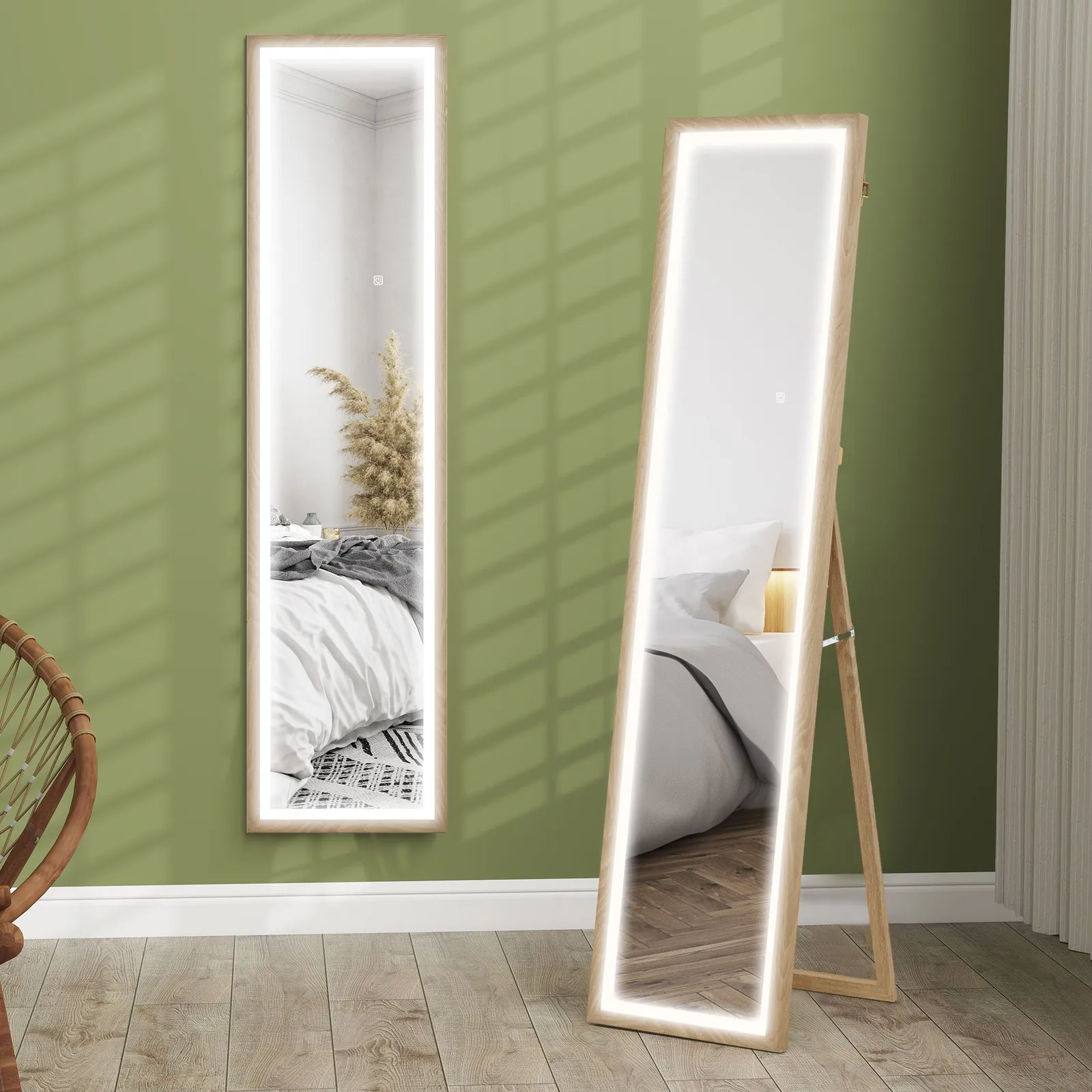 HOMCOM Dimming Full Length Mirror w/ Lights Standing Leaning Wall Mount Oak in Light Oak 2
