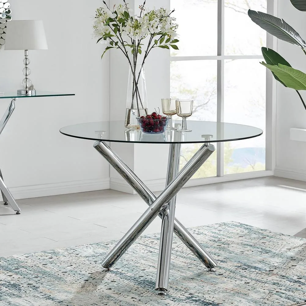 FurnitureboxUK Selina Round Glass & Silver Metal 4 Seater Dining Table
