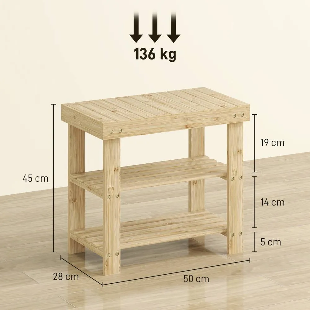 HOMCOM 3-Tier Bamboo Shoe Bench with 2 Shelves for Entryway, Wood Finish in Natural 3