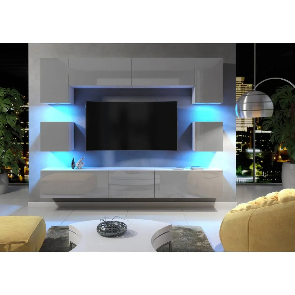 Creative Furniture Panorama Wall TV Unit - White & Grey Gloss Doors & LED Lights 2