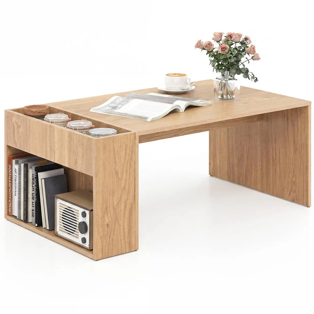 Costway Coffee Table 85cm Coffee Table with Double-Layer Storage Space in Tan