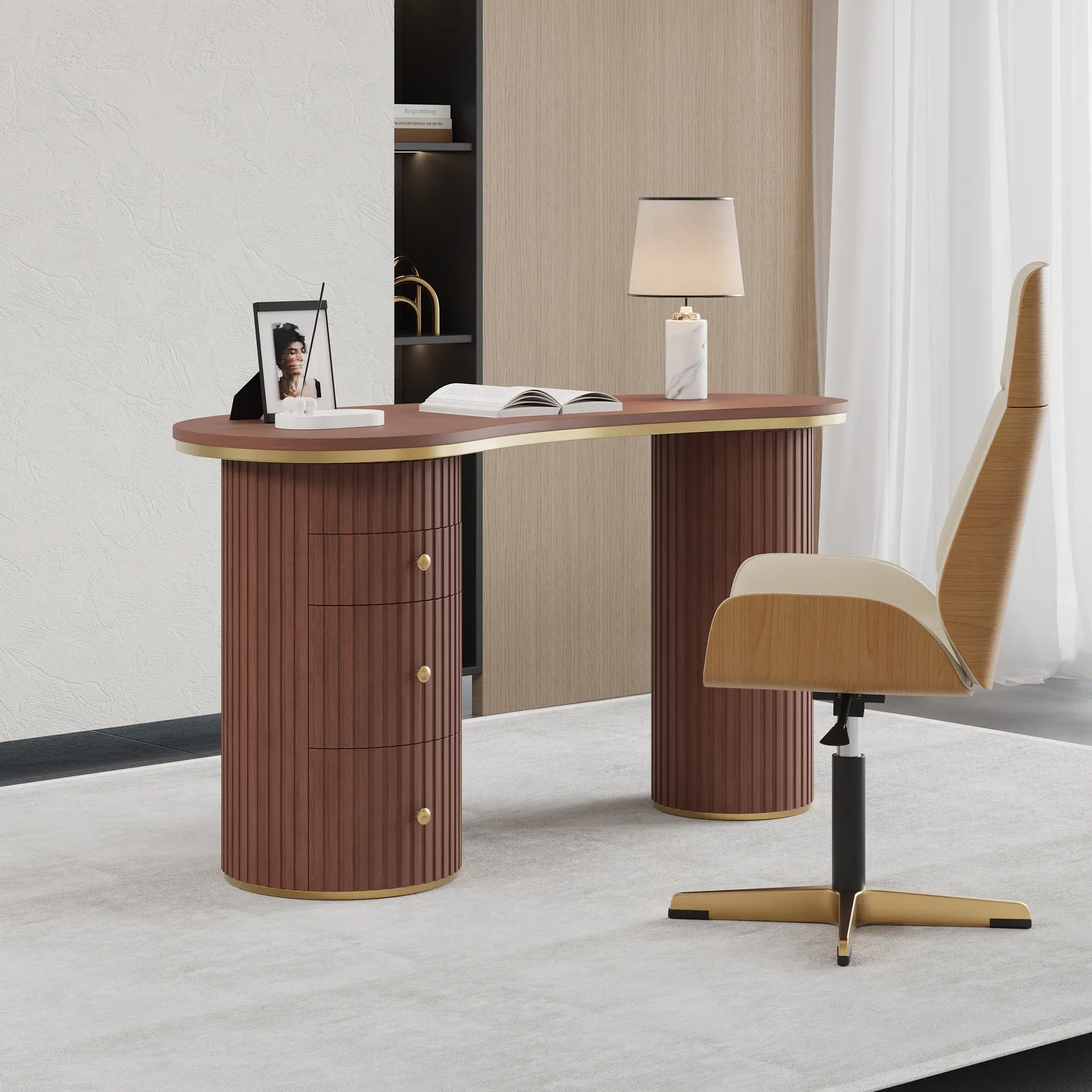 Walnut Curved Wooden Office Desk & Adjustable Swivel Executive Chair in Beige & Gold
