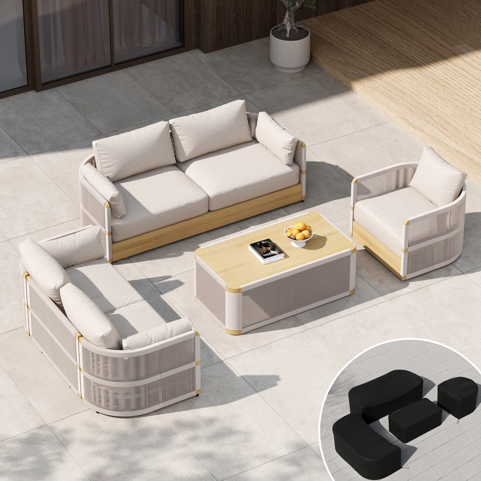 Costra Modern Aluminium & Rope Outdoor Swivel Sofa Set with Coffee Table & Cover in Ivory