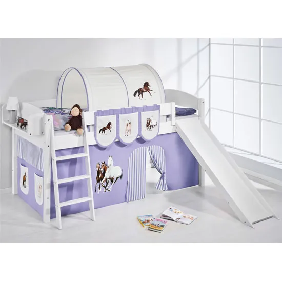 Lilla Slide Children Bed In White With Horses Purple Curtains