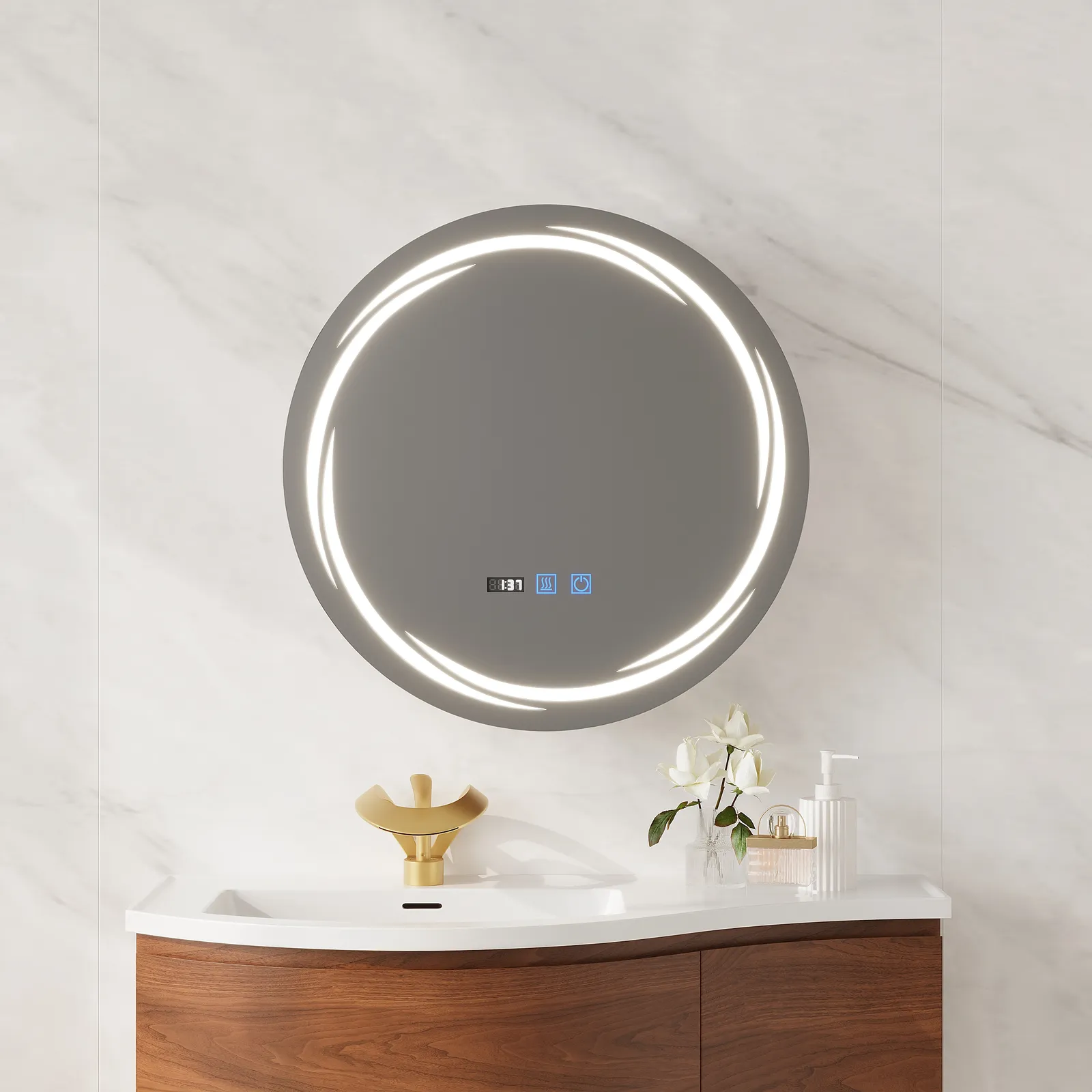 60cm Round LED Medicine Cabinet with Storage, Anti-Fog, Dimmable — Walnut