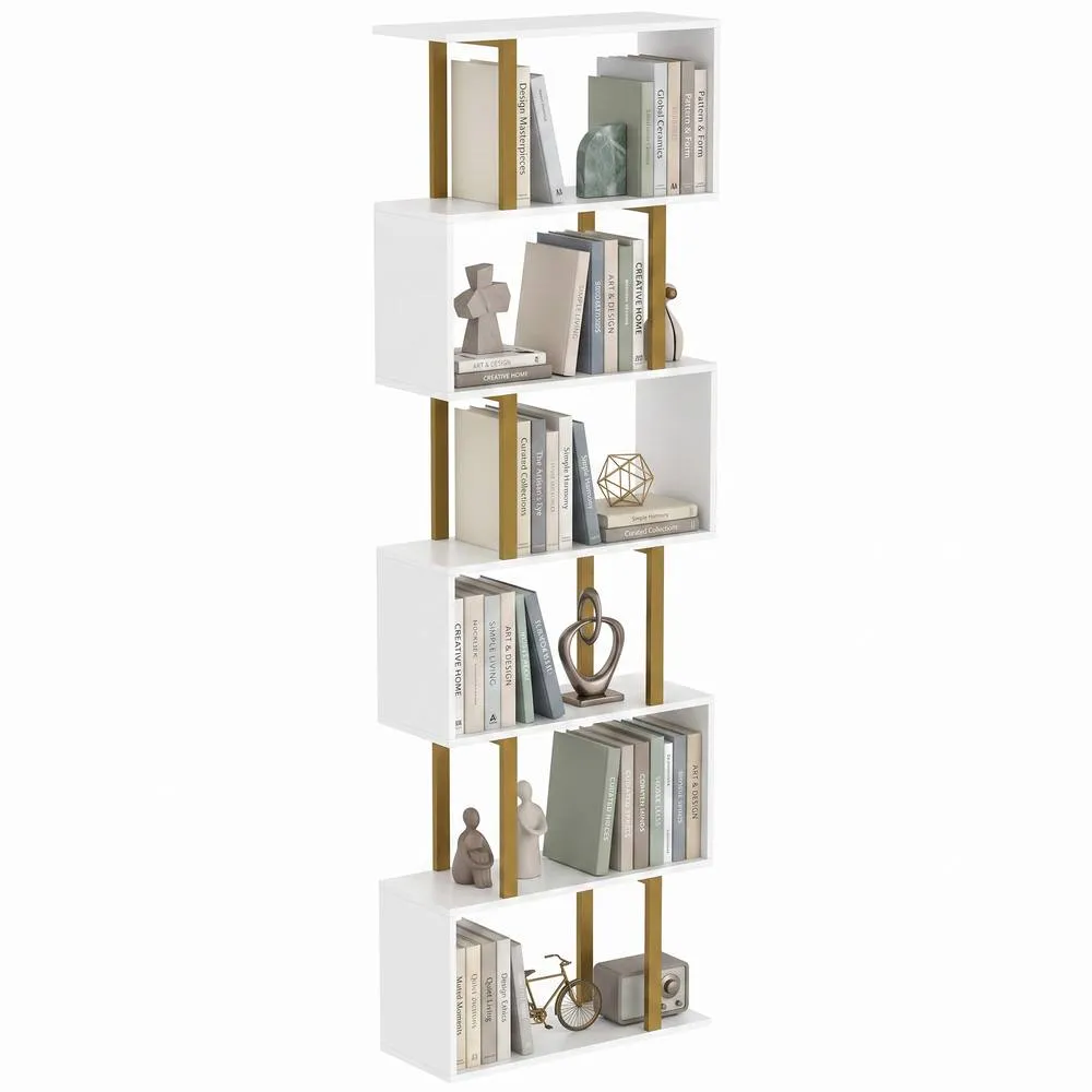 HOMCOM S-Shaped Bookshelf, 6-Tier Bookcase with Anti-Tip Strap, White