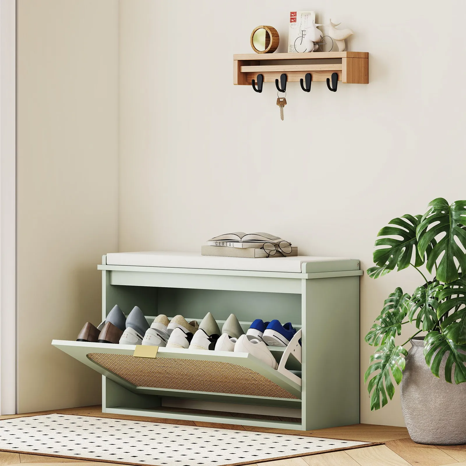 HOMCOM Boho Shoe Bench with Padded Seat & Flip-Drawer in Light Green