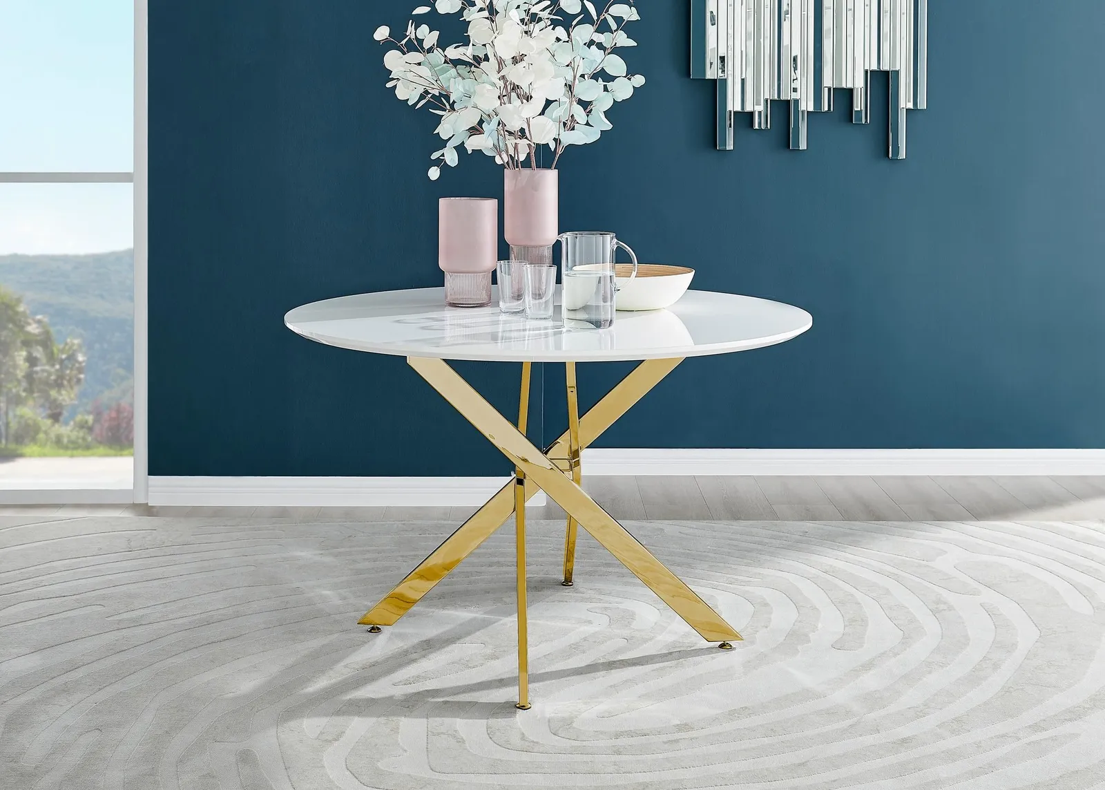 FurnitureboxUK Novara 120cm Round 6-Seater Dining Table With Gold Chrome Legs in White 2