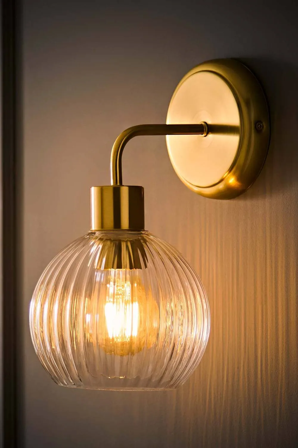 ValueLights Maddison Pair Clear Ribbed Glass Globe Metal Wall Light Fittings in Gold 3
