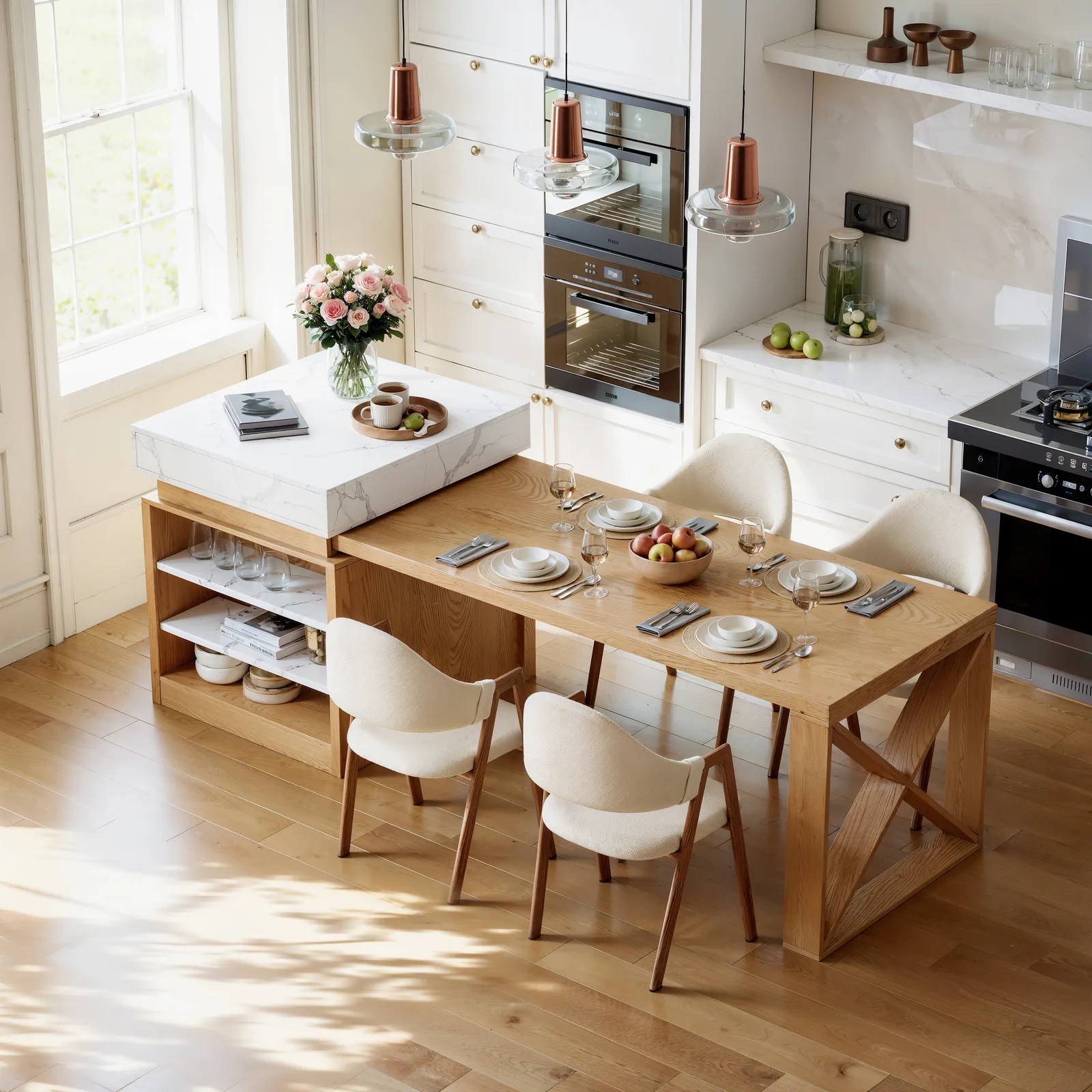 1850mm-2350mm Extendable White&Natural Kitchen Island with Storage Kitchen Cabinet
