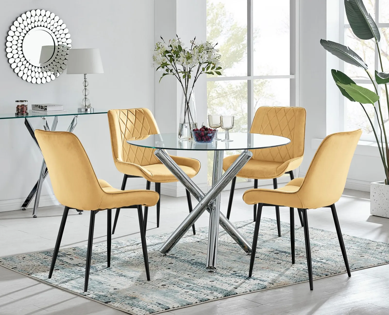 FurnitureboxUK Selina Round Glass Chrome Leg Dining Table & Pesaro Black Leg Chairs in Mustard
