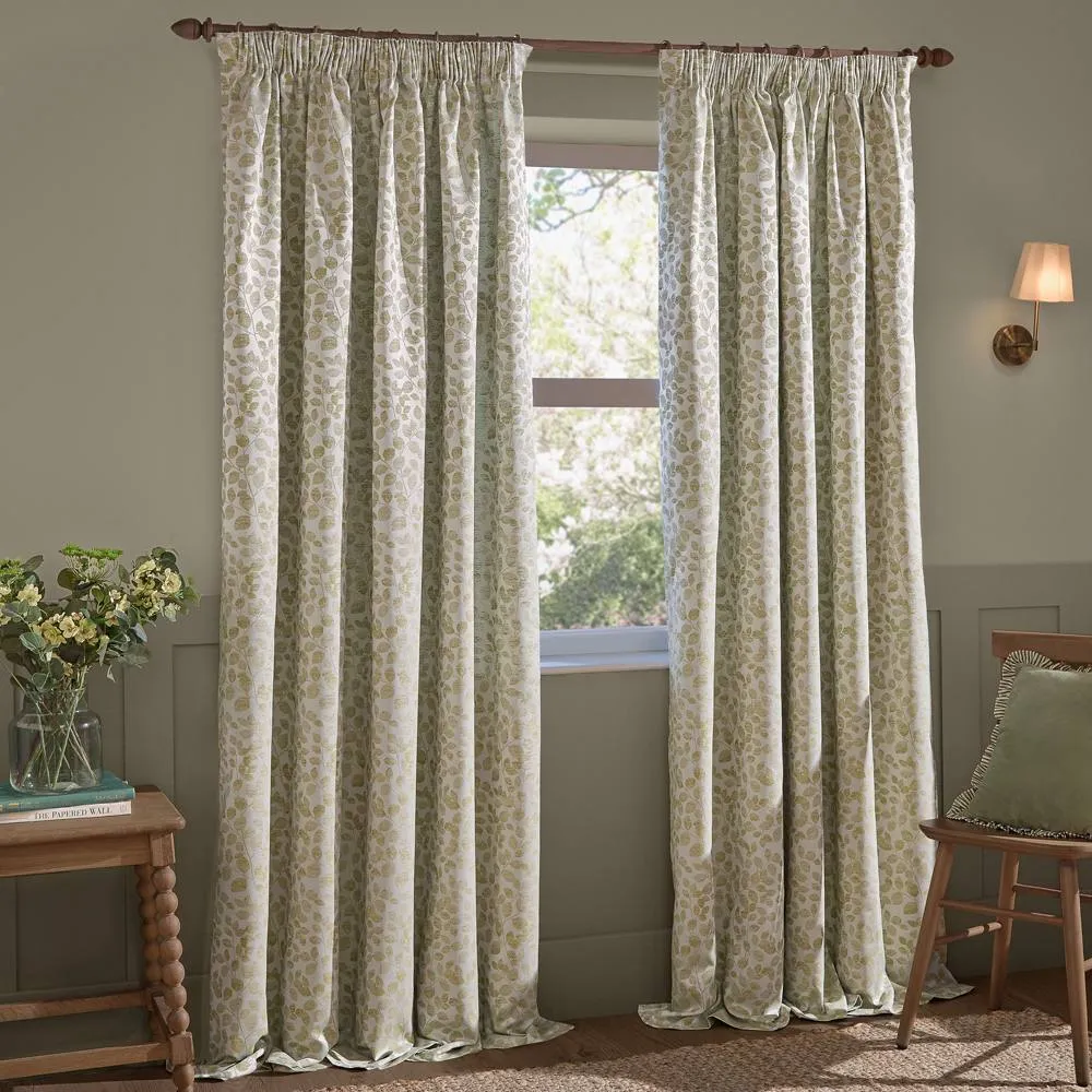 Wylder Grace Leaf Jacquard Fully Lined Pencil Pleat Curtain Pair in Pale Green 2