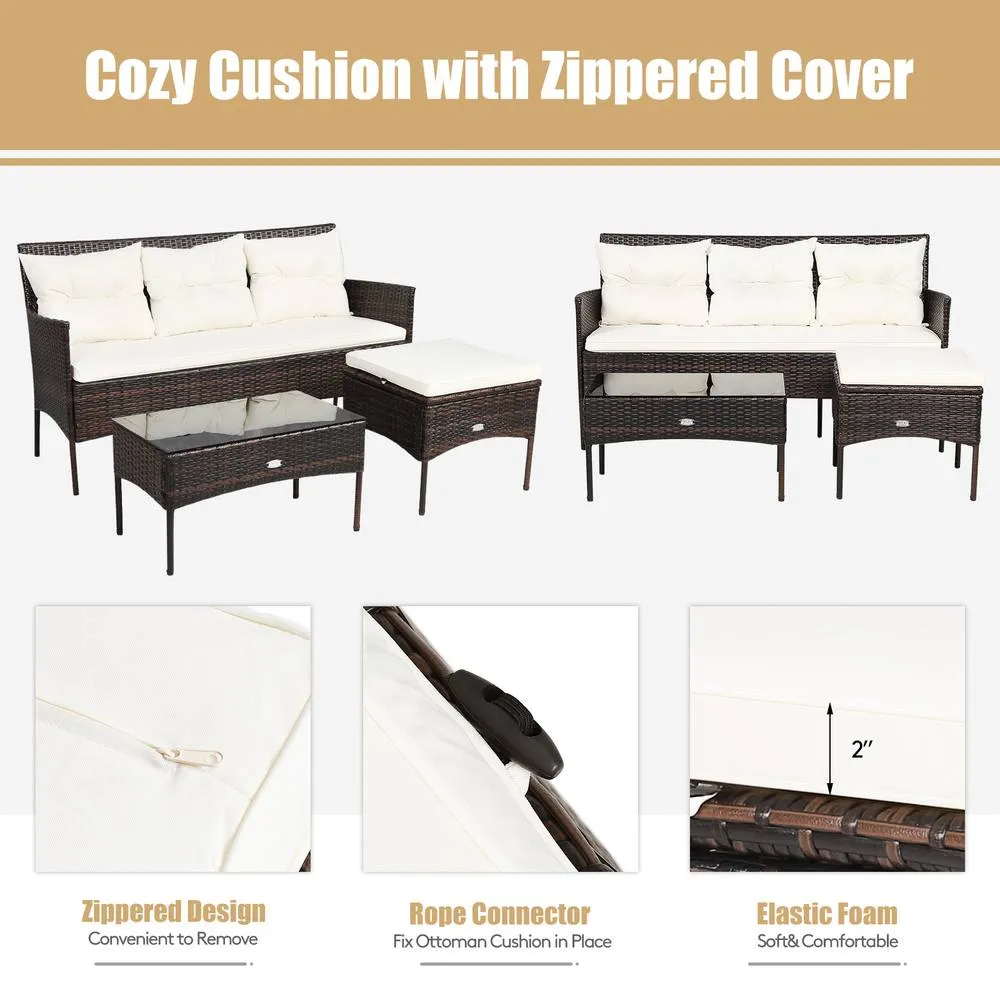 Costway 3PCS Patio Conversation Set Rattan Wicker Furniture Set w/ Cushions in White 5