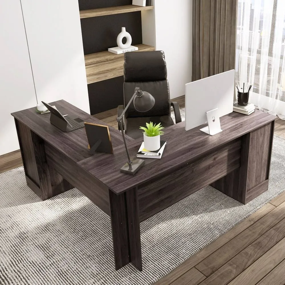 Costway L-Shaped Corner Computer Desk Study Workstation w/ Cabinet & Drawers in Dark Brown 3