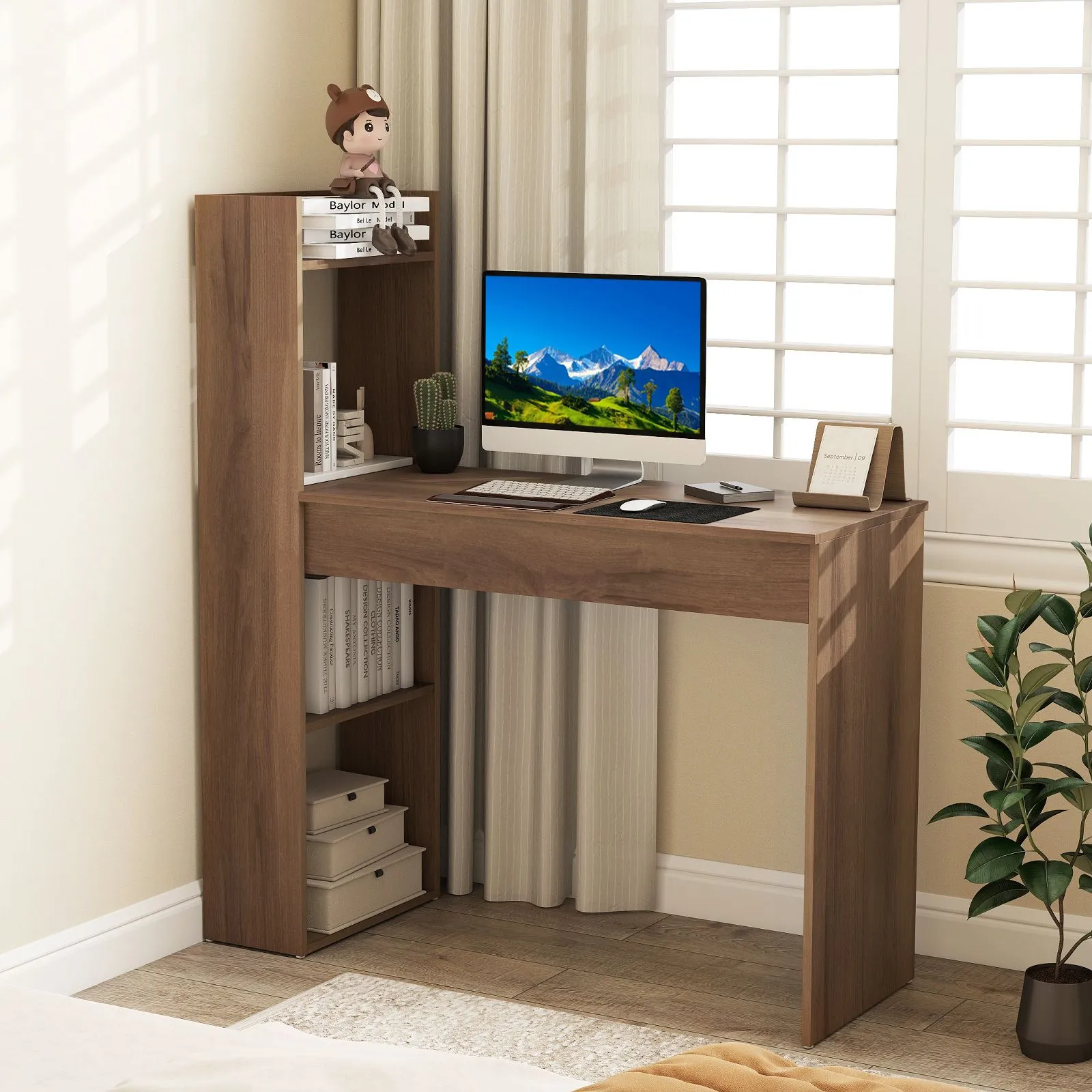 Costway Home Office Desk 110 CM Study Writing Table with Bookshelf in Light Oak 4