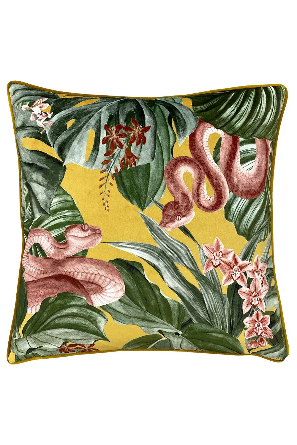 Furn Medinilla Tropical Floral Printed Piped Cushion in Mustard