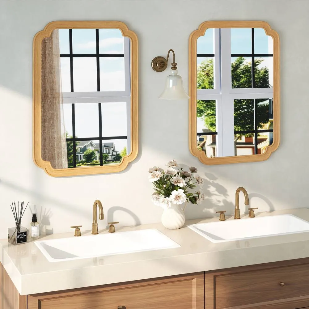 Costway Rounded Corner Arch Wall Mirror 90x60 cm Farmhouse Decorative Mirror in Brown 3
