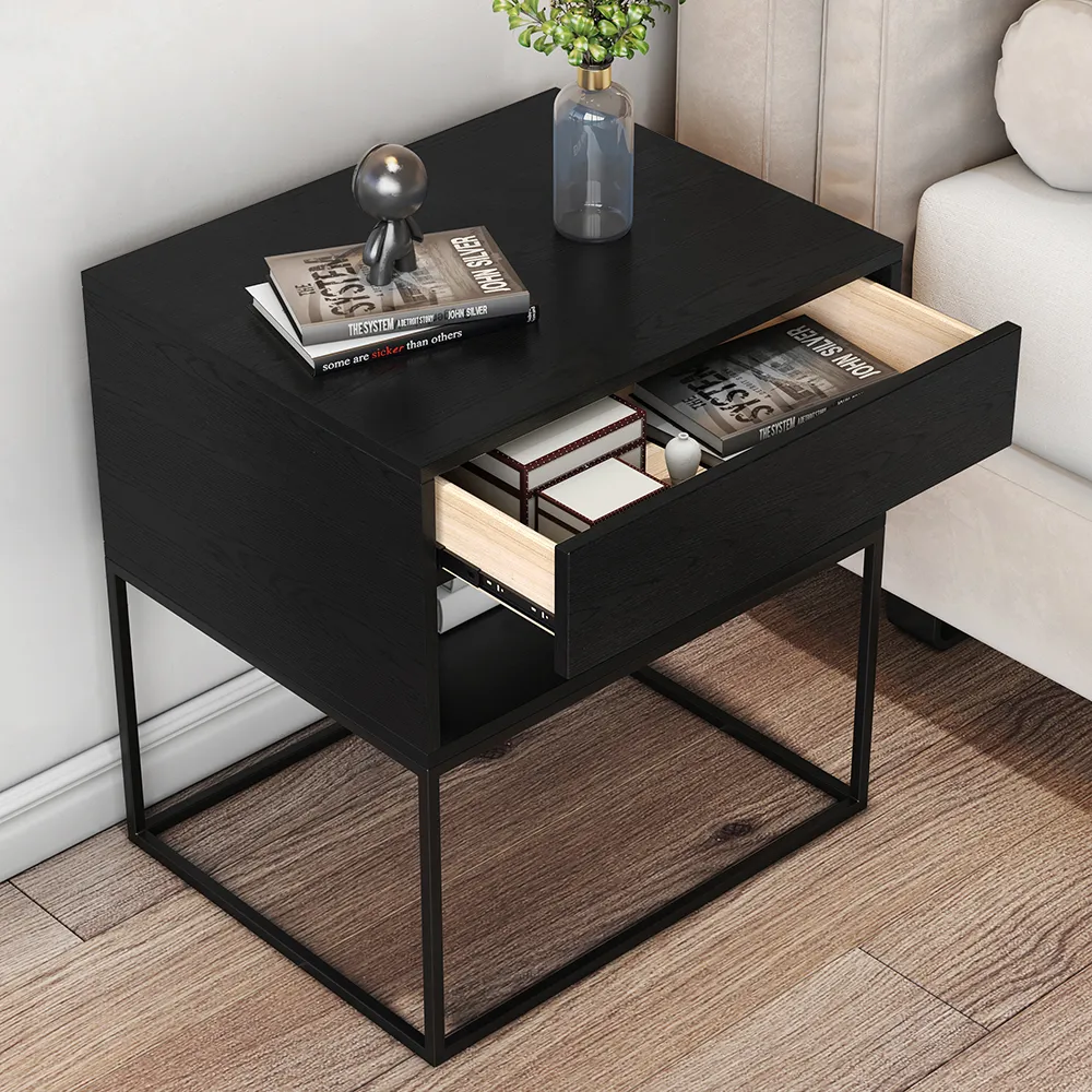 Black Modern Bedside Table with Drawer and Black Metal Base