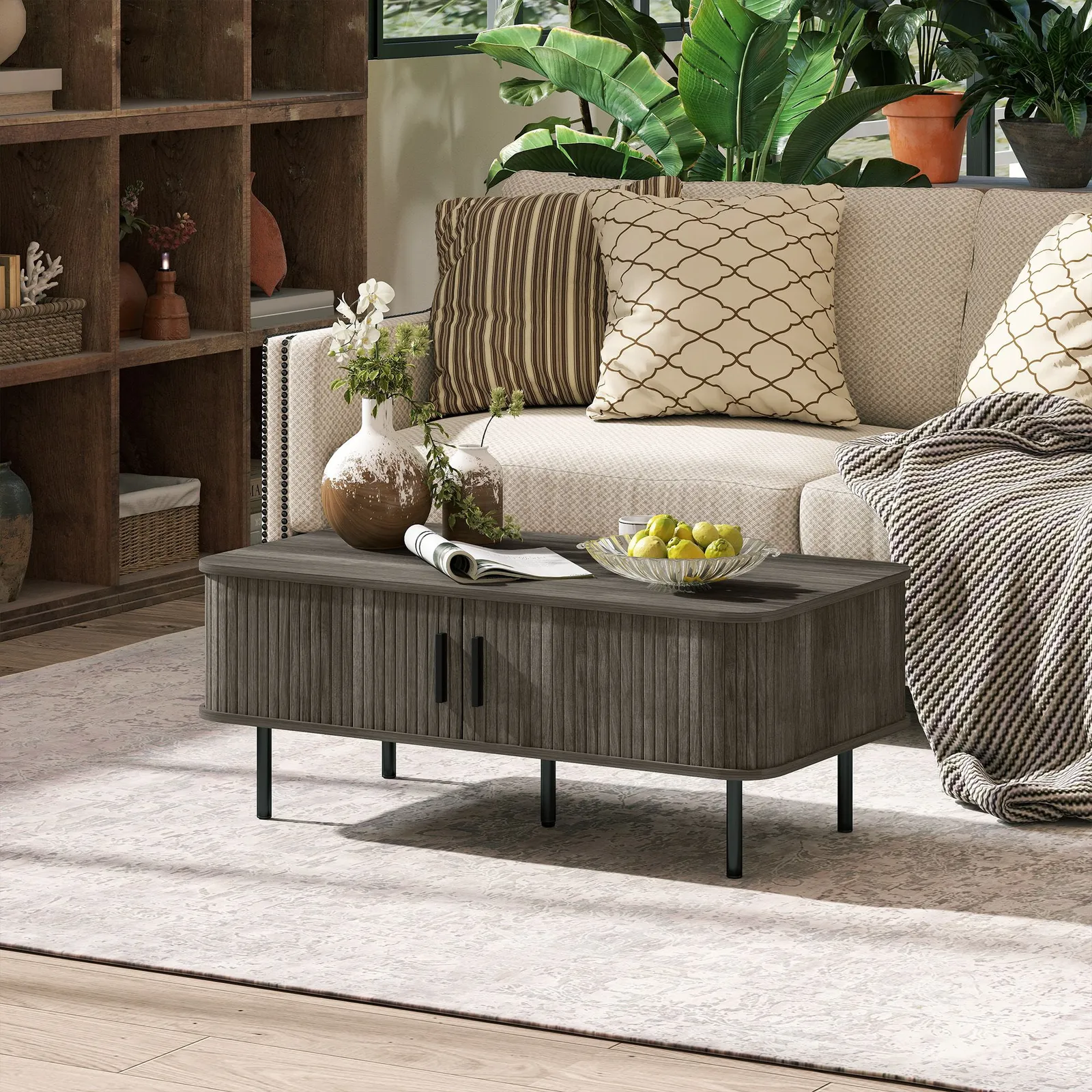 HOMCOM Coffee Table with Storage & Sliding Doors for Living Room in Grey 1