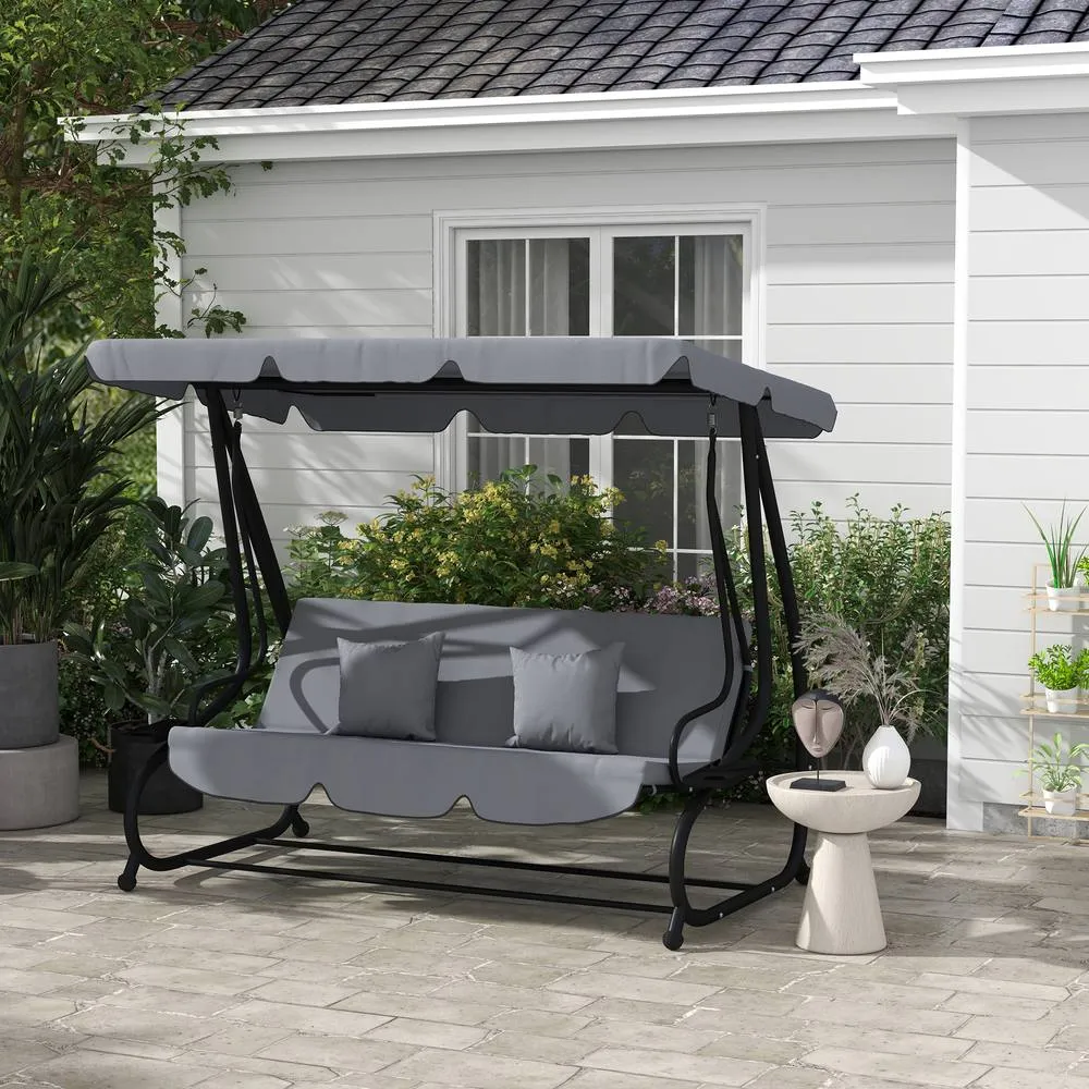 OUTSUNNY 2-in-1 Garden Swing Chair for 3 Person w/ 2 Pillows, Dark Grey