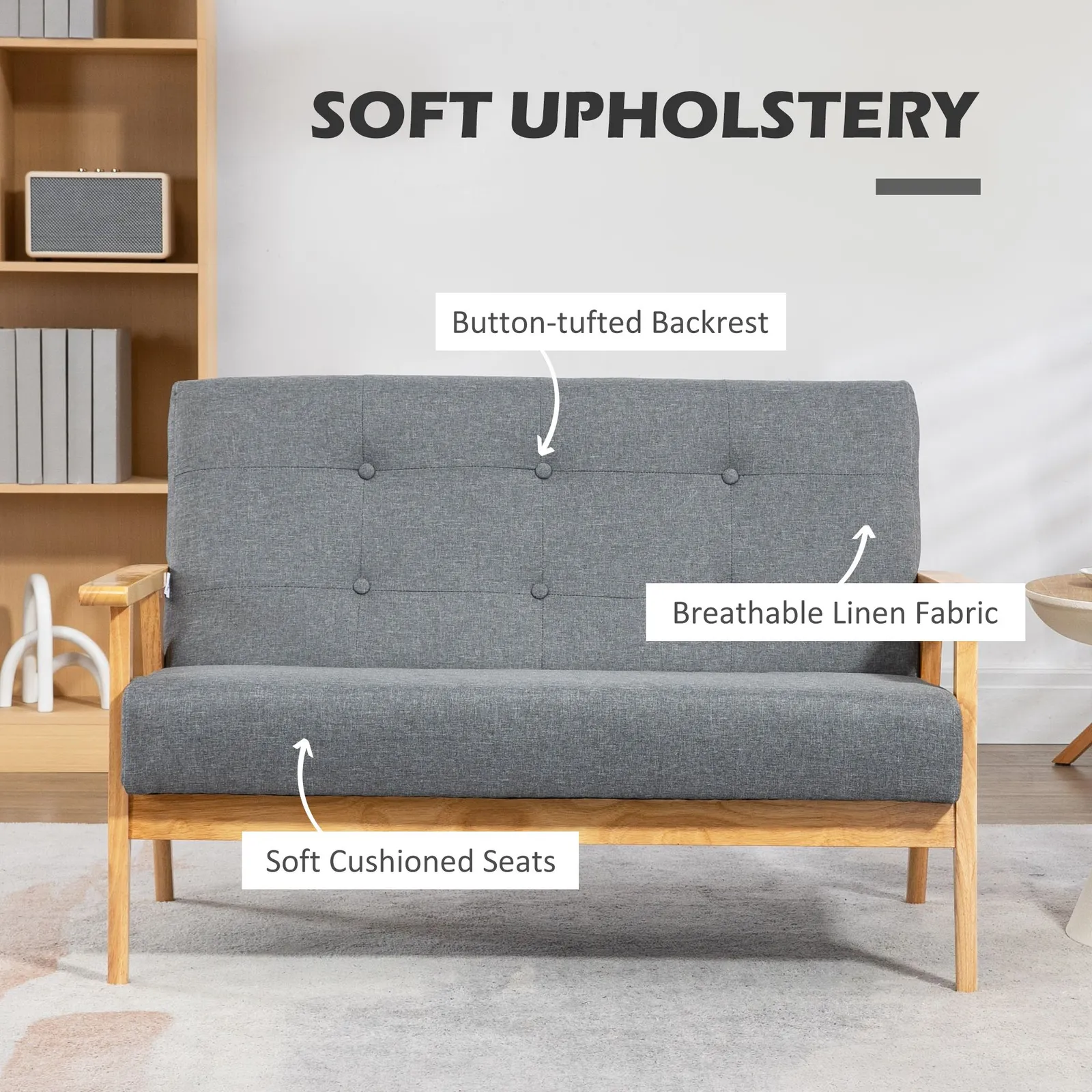 HOMCOM Modern 3-Seater Sofa Upholstery Couch with Rubber Wood Legs in Dark Grey 4