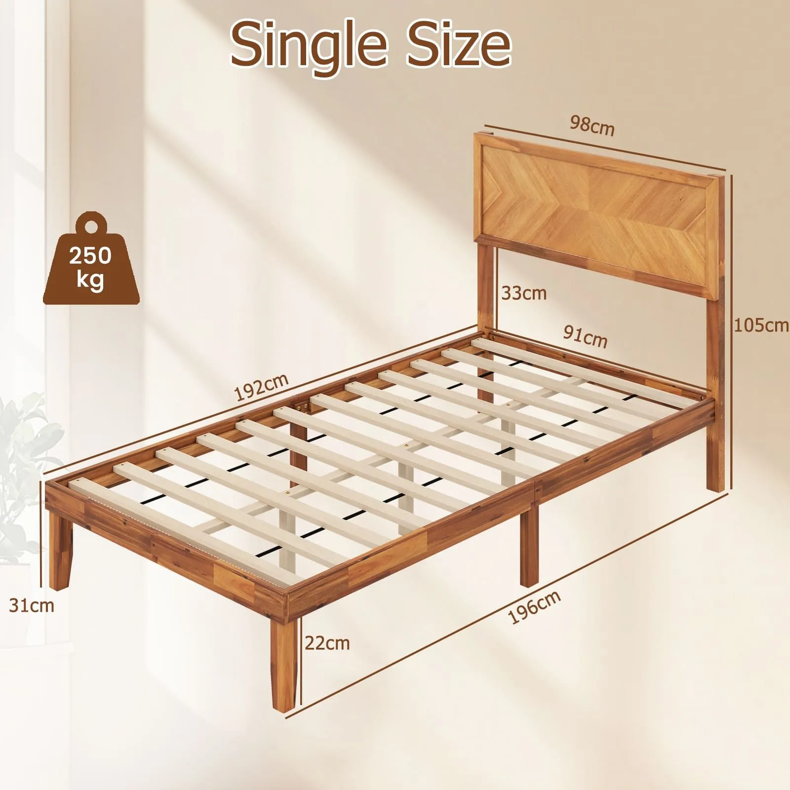 Costway Single Size Bed Frame Acacia Wood Platform Bed w/Headboard in Natural 2