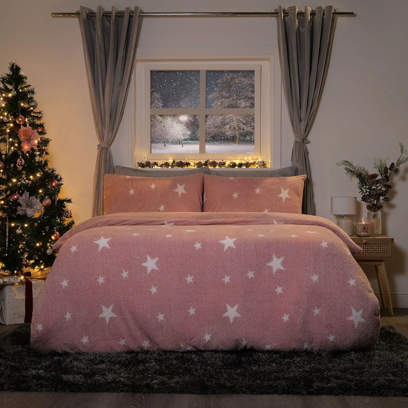 OHS Star Teddy Duvet Cover with Pillowcase Set in Light Pink