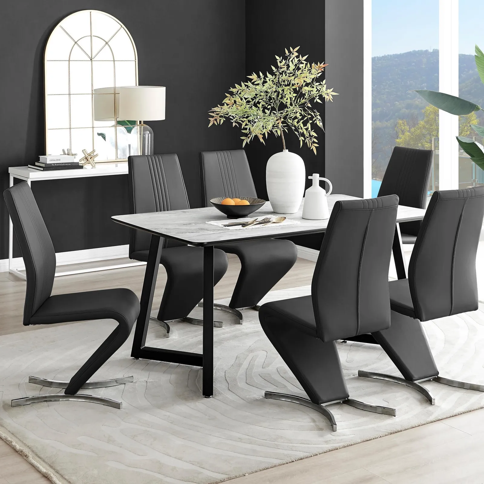 FurnitureboxUK Carson White Marble Effect Dining Table & 6 Willow Chairs in Black 1