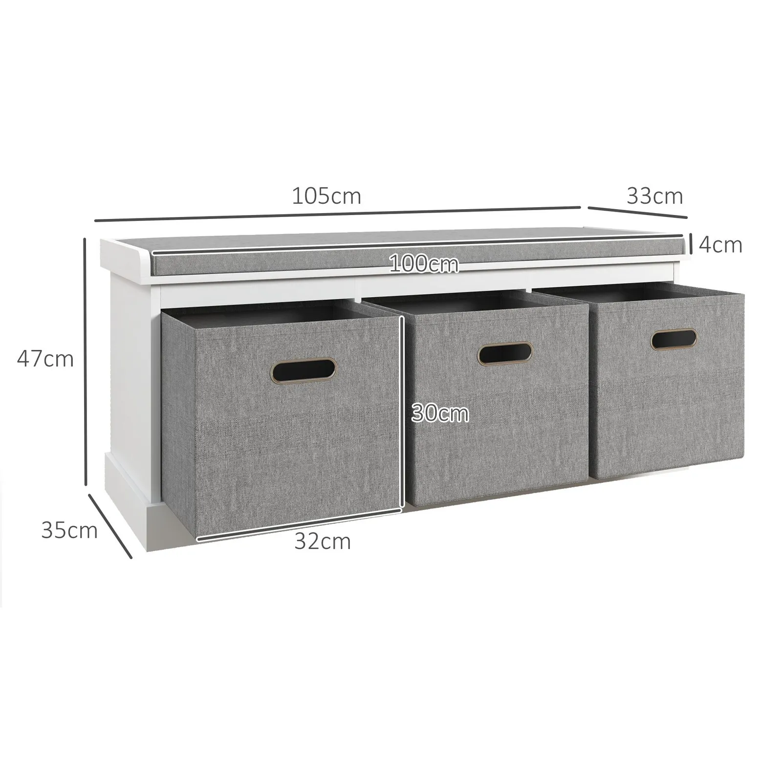 HOMCOM Shoe Bench with 3 Fabric Baskets, Shoe Storage Bench with Seat Cushion, Shoe Cabinet for Entryway, Hallway, Living Room, Bedroom in White 3