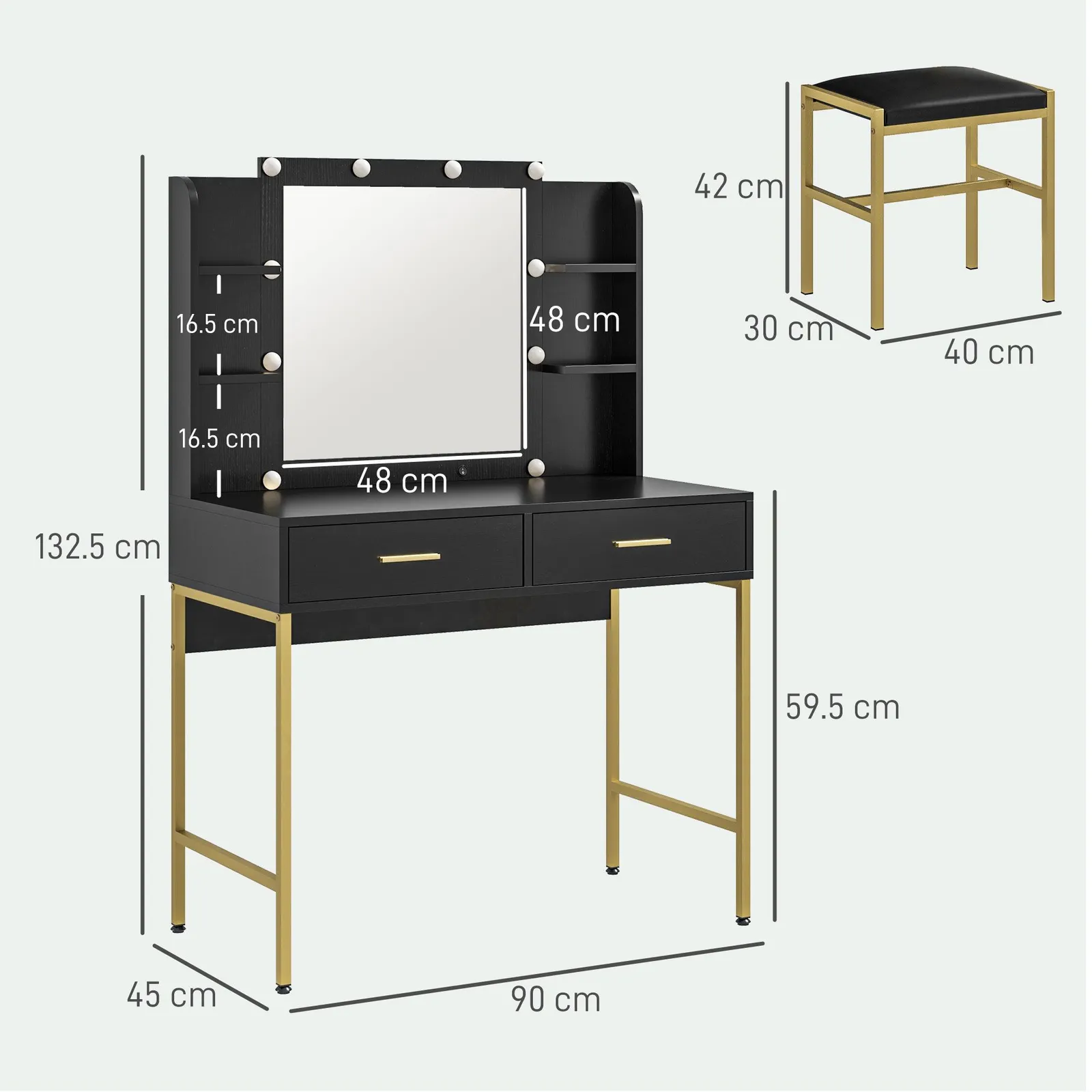 HOMCOM Makeup Vanity Desk Set with Lighted Mirror, Stool, Drawers, Black 3