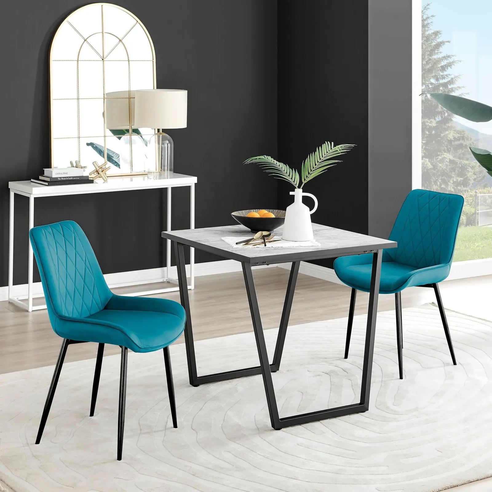 FurnitureboxUK Carson White Marble Effect Square Dining Table & 2 Velvet Pesaro Black Leg Chairs in Blue