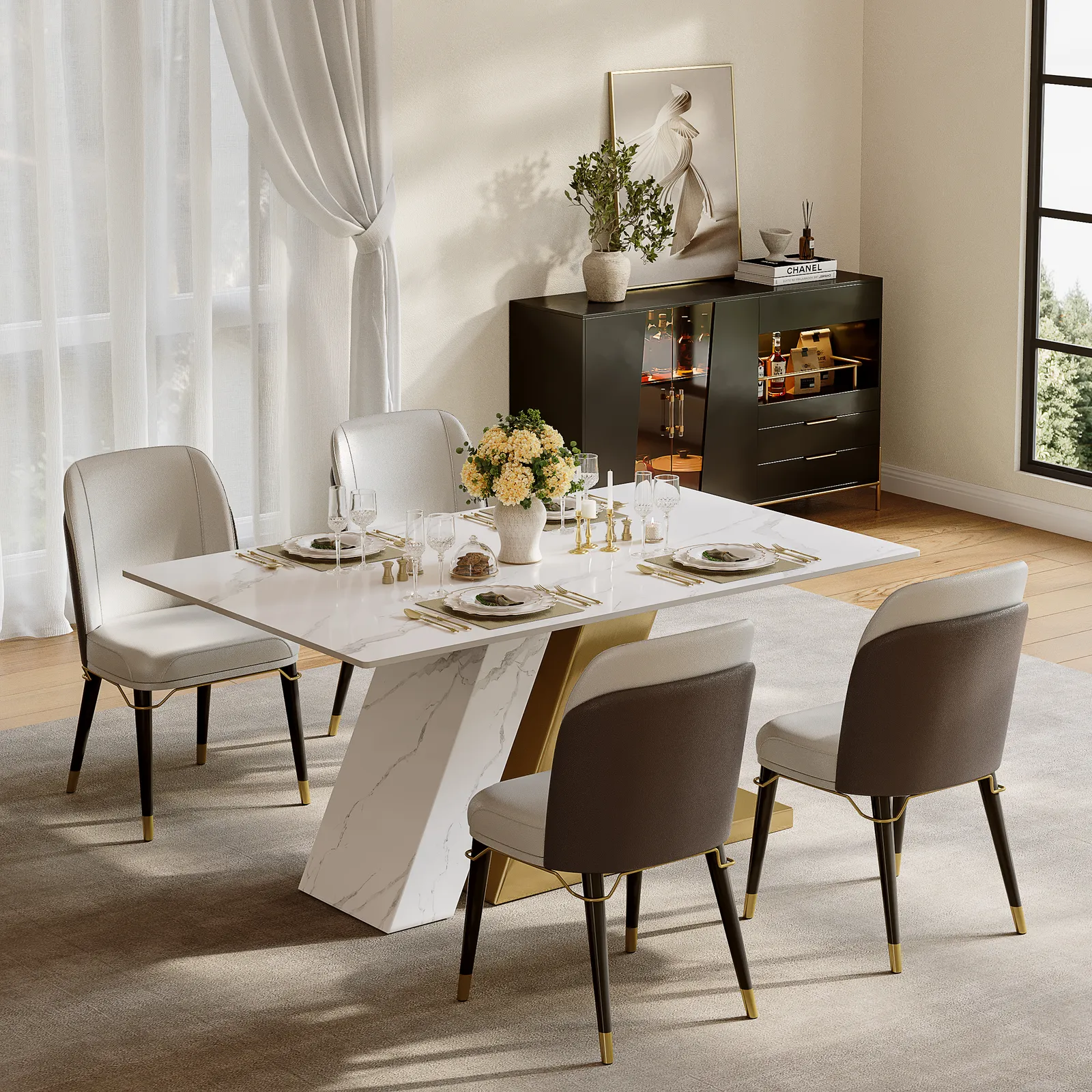 Dining Set 160 cm Modern Rectangular Sintered Stone Dining Table with 4 Chairs