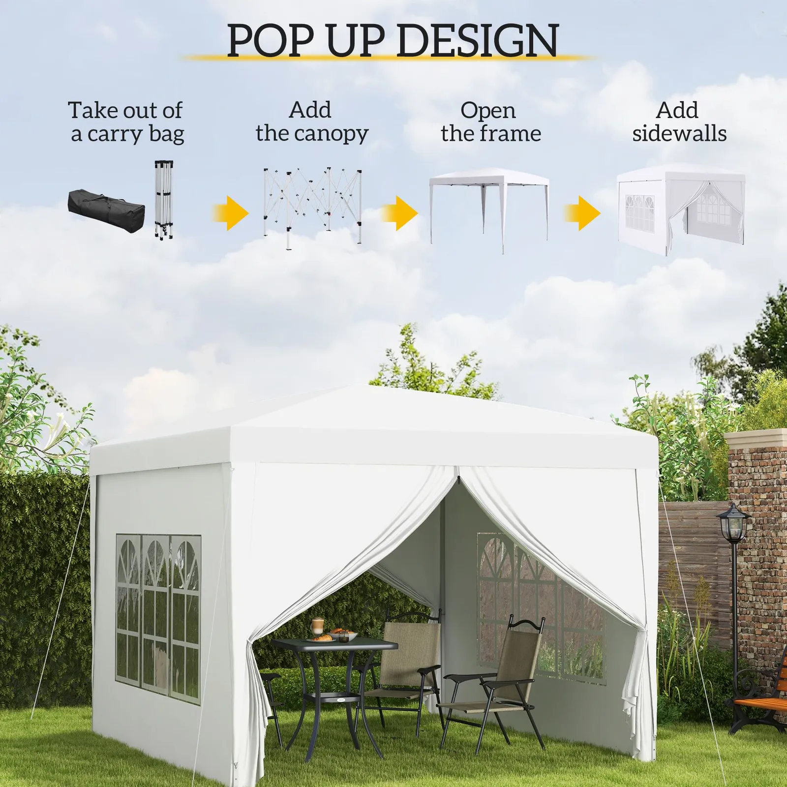 OUTSUNNY 3mx3m Pop Up Gazebo Party Tent Canopy Marquee with Storage Bag in White 3