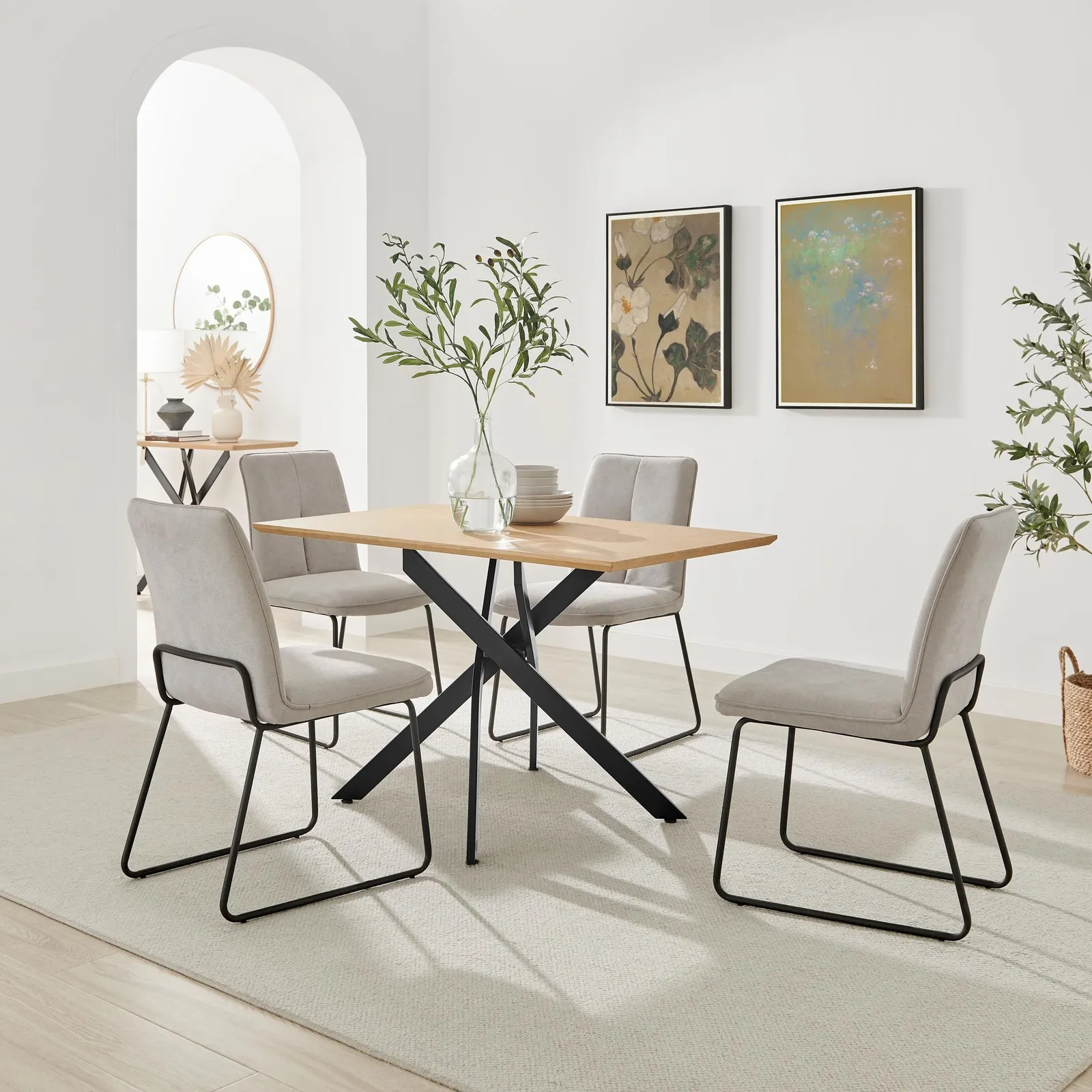 FurnitureboxUK Leonardo Oak Effect Dining Table & 4 Halley Taupe Fabric Chairs in Brown