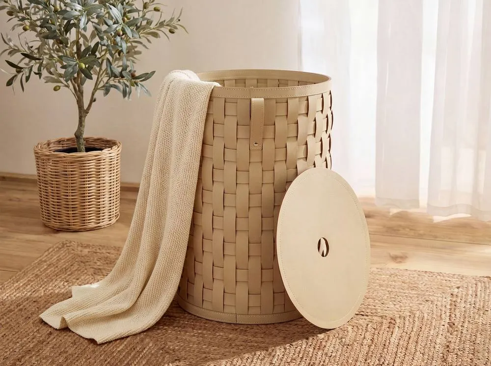 Angel Cerda Sand Regenerated Leather Cylindrical Storage Basket with Lid in Light Sand 3