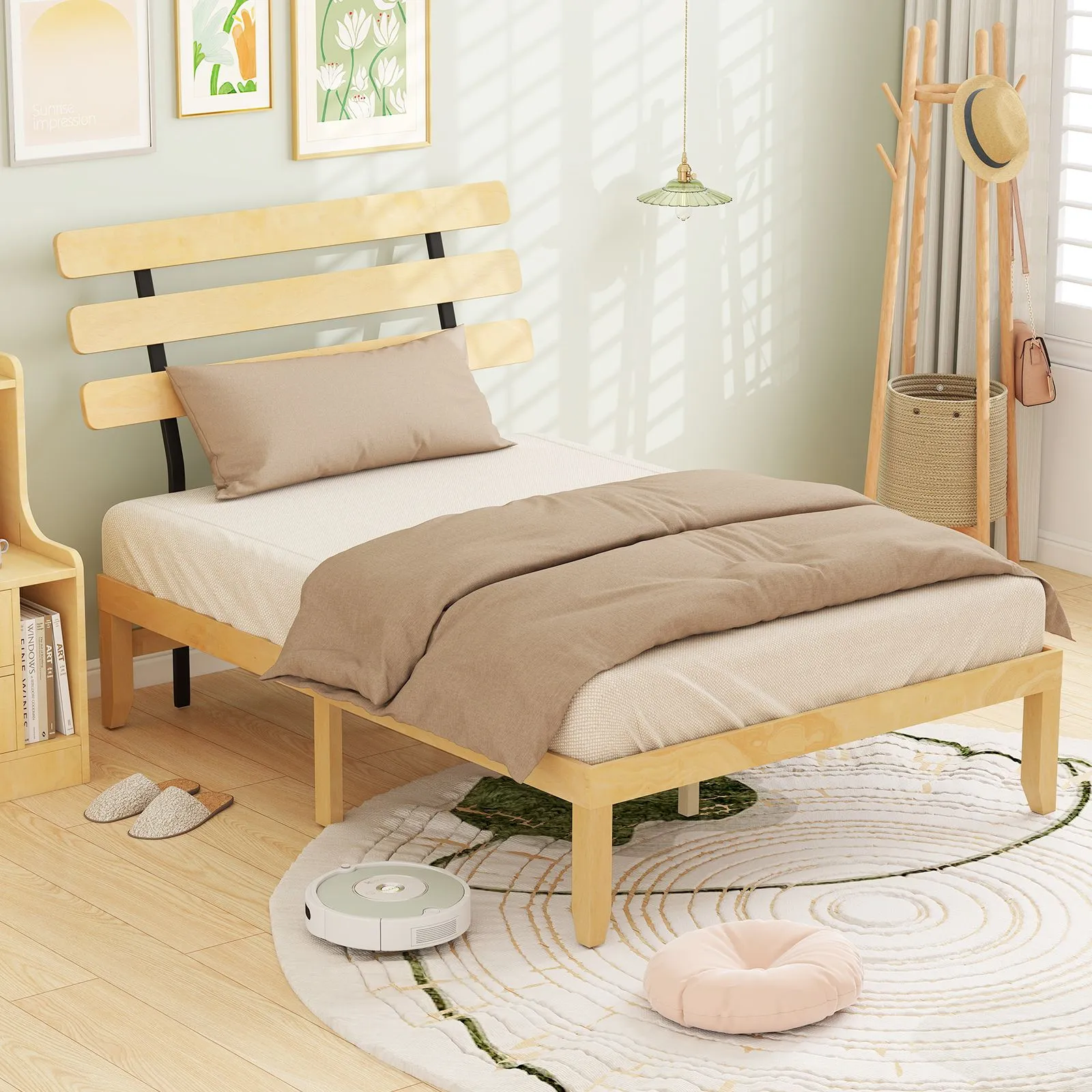 Costway Double Size Bed Frame Solid Wood Platform Bed w/ Retro Headboard in Natural 5