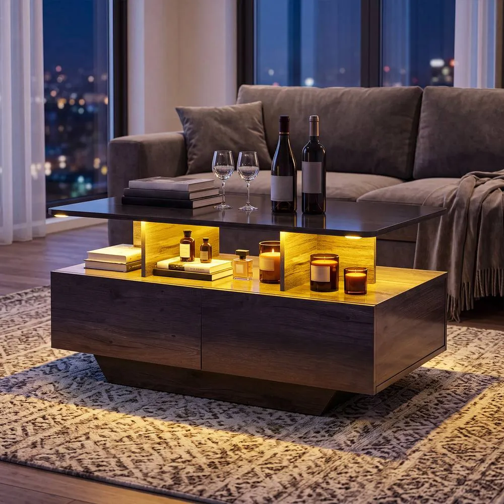 Costway Coffee Table 20-Colour Lighted High Glossy Center Table With 2 Drawers in Grey 4