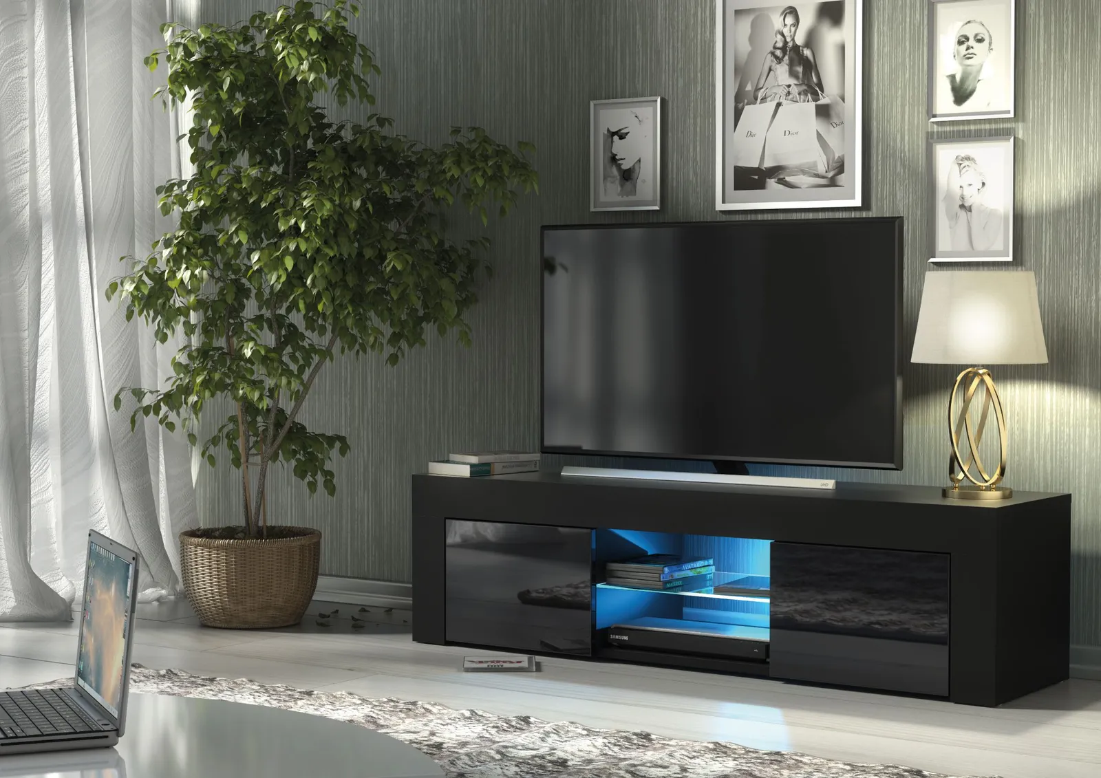Creative Furniture Loom TV Unit 130cm - A Minimalist & Sophisticated Cabinet with Gloss Doors & LED Lights in Black 2