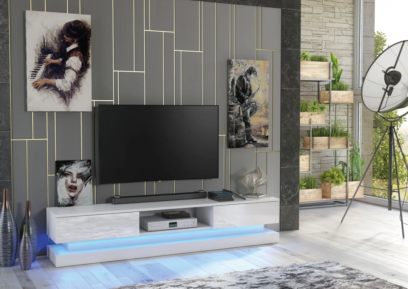 Creative Furniture Bloom TV Unit 180cm - A Functional & Contemporary Cabinet with Gloss Doors & LED Lights in White 6