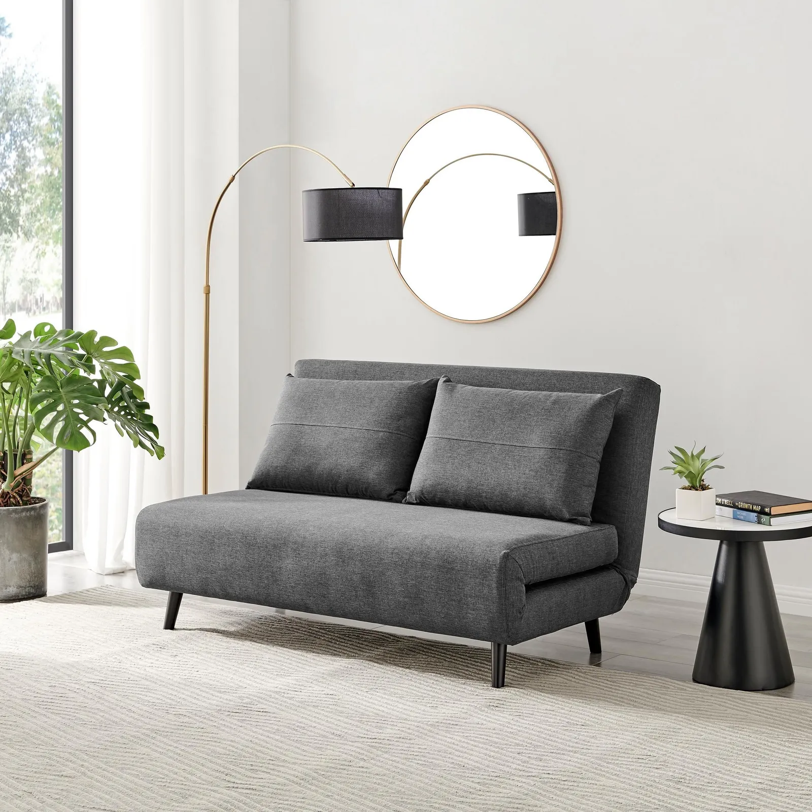 FurnitureboxUK Bobby Compact Futon Inspired Sofa Bed Upholstered In Soft Fabric in Dark Grey